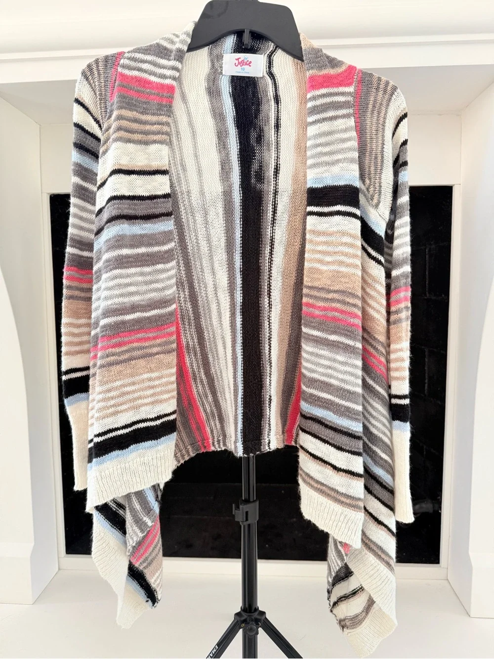 Justice Striped Open-Front Cardigan Sweater - Cream, Gray, Pink, Black